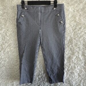 Loft Riviera Slim Blue White Striped Cropped Pants Size 4P Button Accent Career